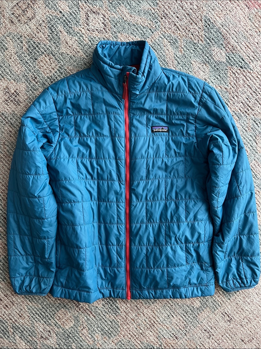 Patagonia Kids Teal Blue Puffer Jacket with Red Zipper